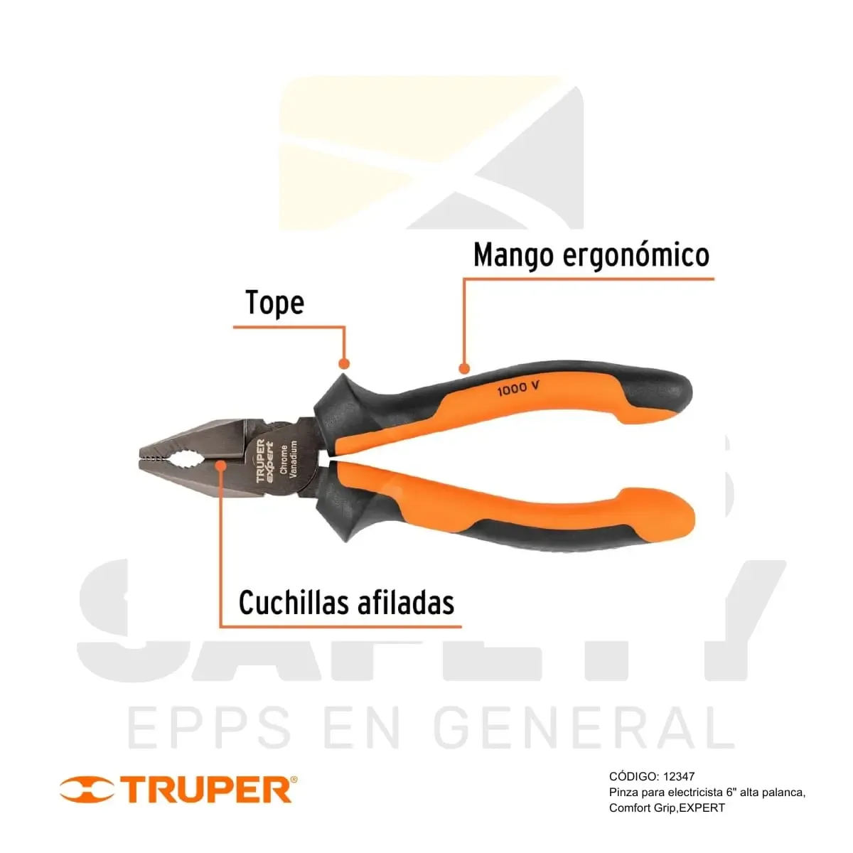 ALICATE PARA ELECTRICISTA 6" ALTA PALANCA, COMFORT GRIP (12347) TRUPER - vista 2