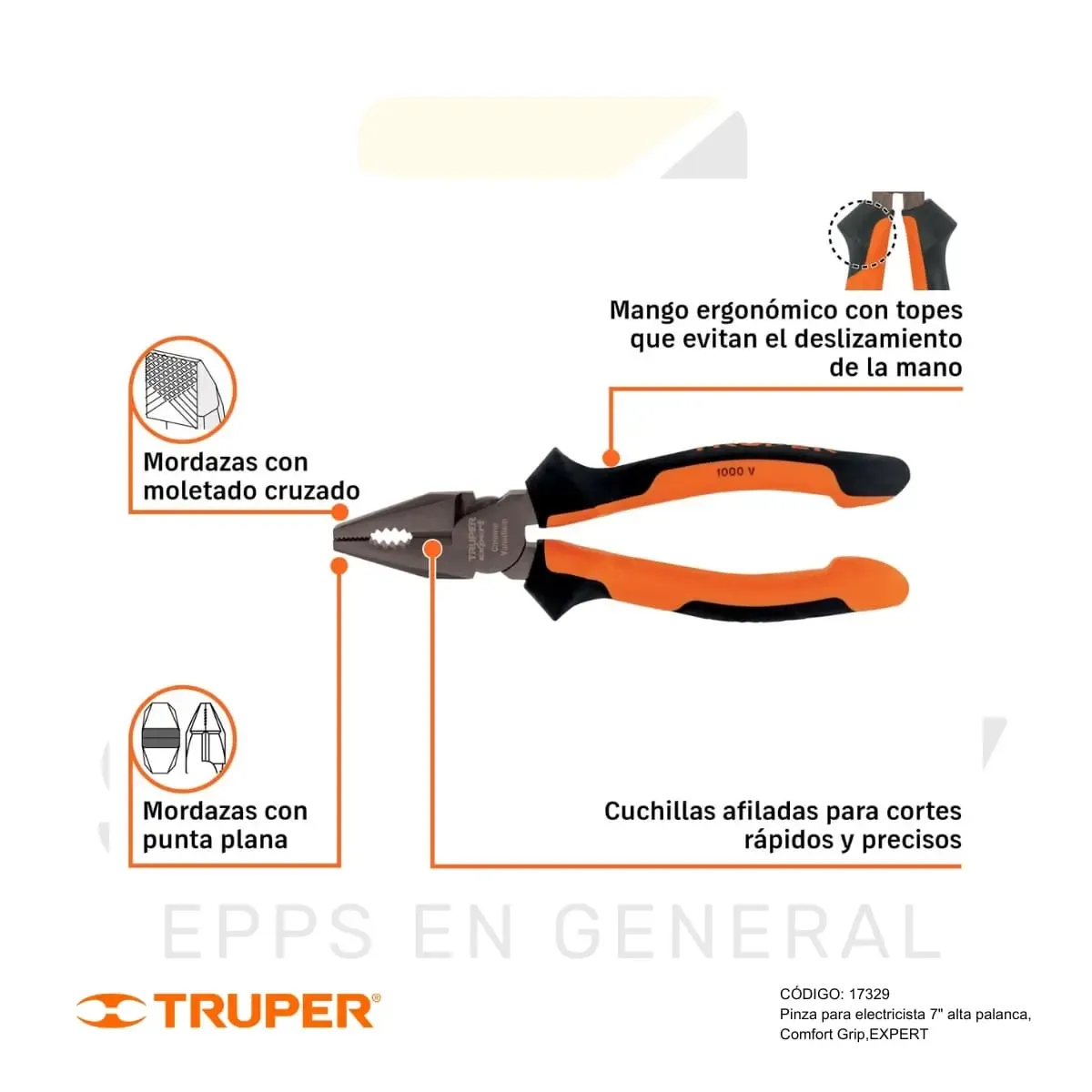 ALICATE PARA ELECTRICISTA 7" ALTA PALANCA, COMFORT GRIP (17329) TRUPER - vista 2