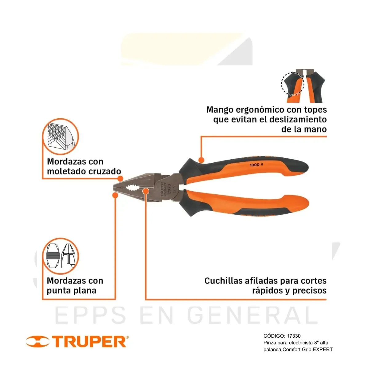 ALICATE PARA ELECTRICISTA 8" ALTA PALANCA, COMFORT GRIP (17330) TRUPER - vista 2