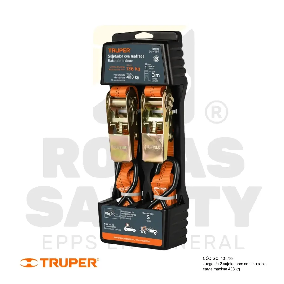 JUEGO DE 2 SUJETADORES CON MATRACA, CARGA MAXIMA 408 KG (101739) TRUPER
