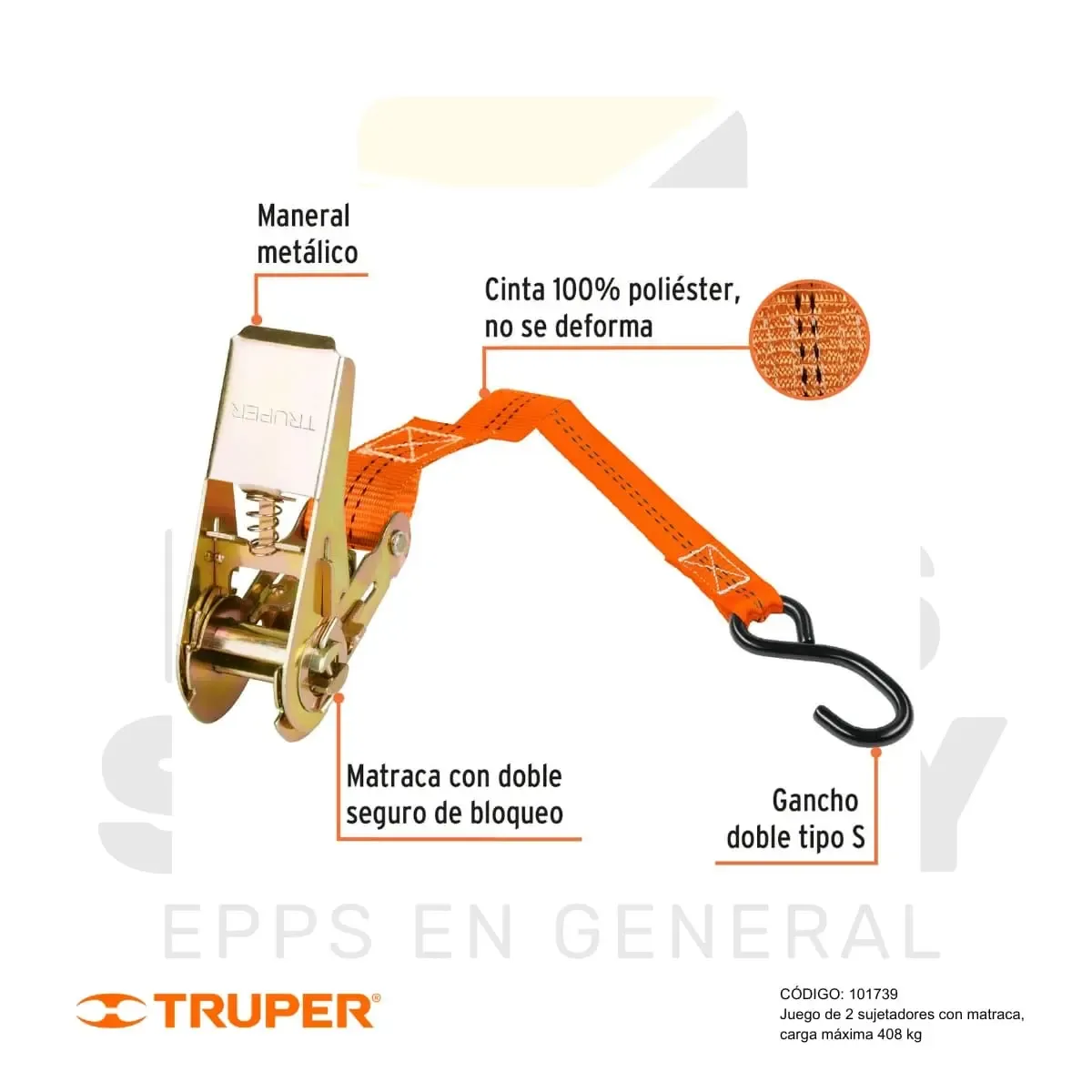 JUEGO DE 2 SUJETADORES CON MATRACA, CARGA MAXIMA 408 KG (101739) TRUPER - vista 3