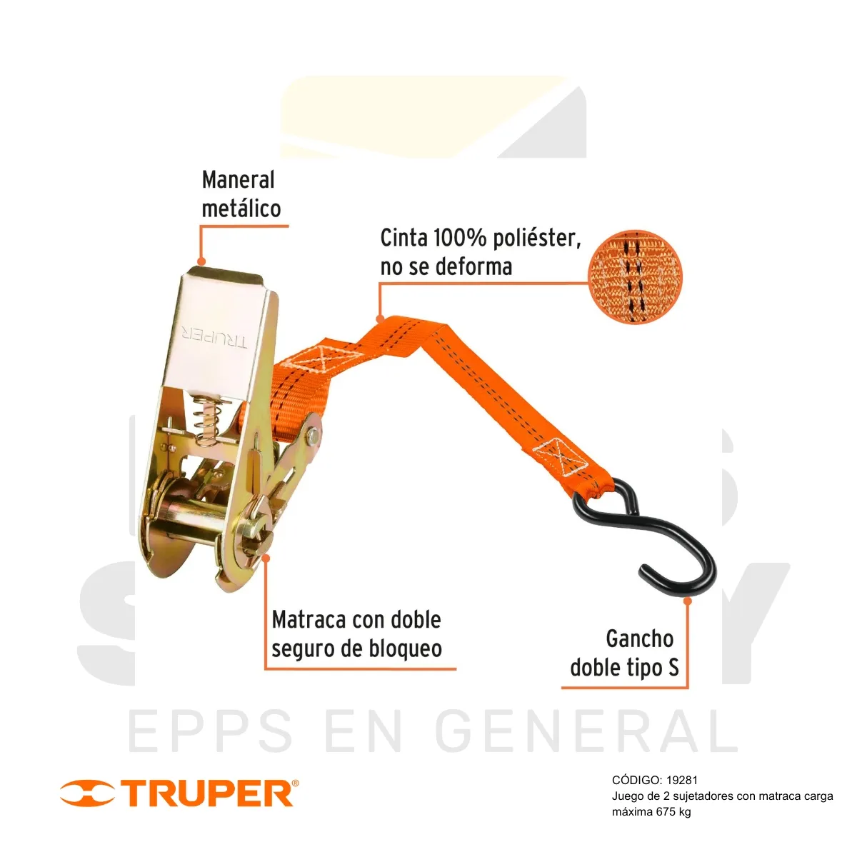 JUEGO DE 2 SUJETADORES CON MATRACA, CARGA MAXIMA 675 KG (19281) TRUPER - vista 3