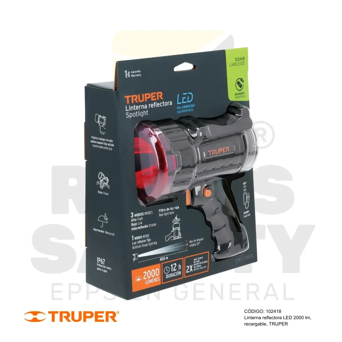LINTERNA REFLECTORA LED 2000 LM RECARGABLE (102418) TRUPER - vista 3