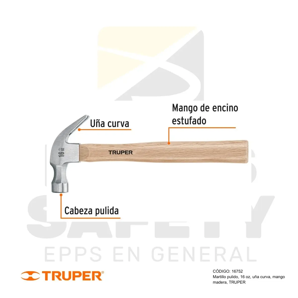 MARTILLO PULIDO 16 OZ, UÑA CURVA MANGO DE MADERA (16752) TRUPER - vista 3