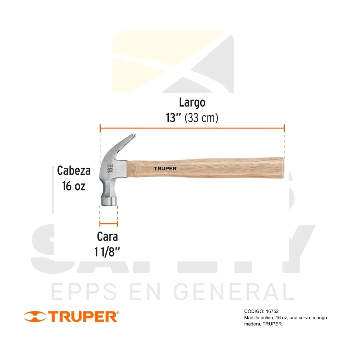 MARTILLO PULIDO 16 OZ, UÑA CURVA MANGO DE MADERA (16752) TRUPER - vista 2