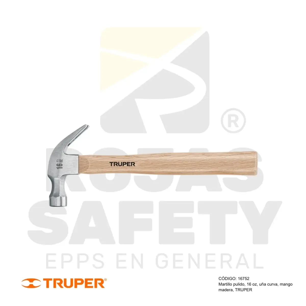 MARTILLO PULIDO 16 OZ, UÑA CURVA MANGO DE MADERA (16752) TRUPER