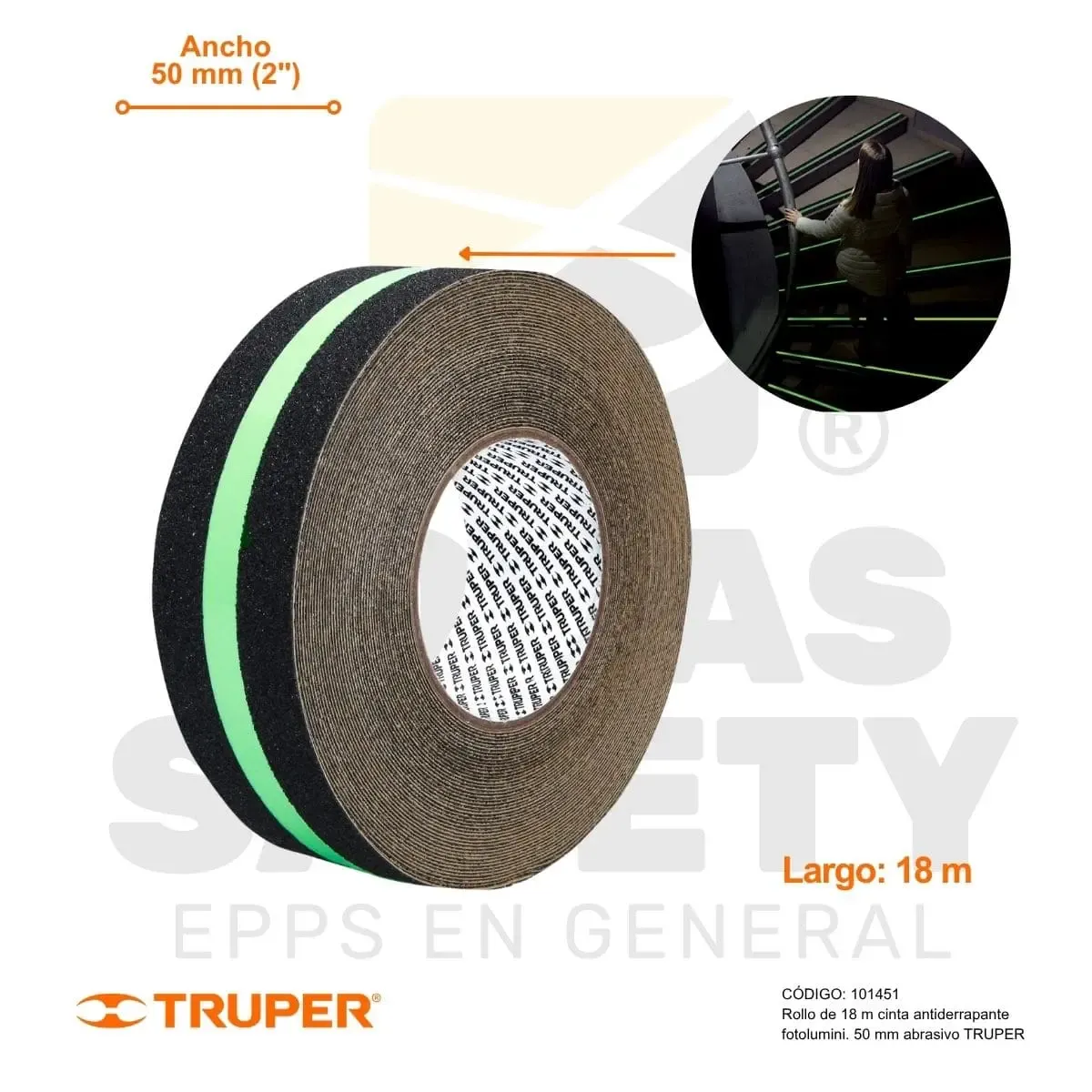 ROLLO DE 18 M CINTA ANTIDERRAPANTE FOTOLUMINISCENTE 50 MM CON ABRASIVO TRUPER