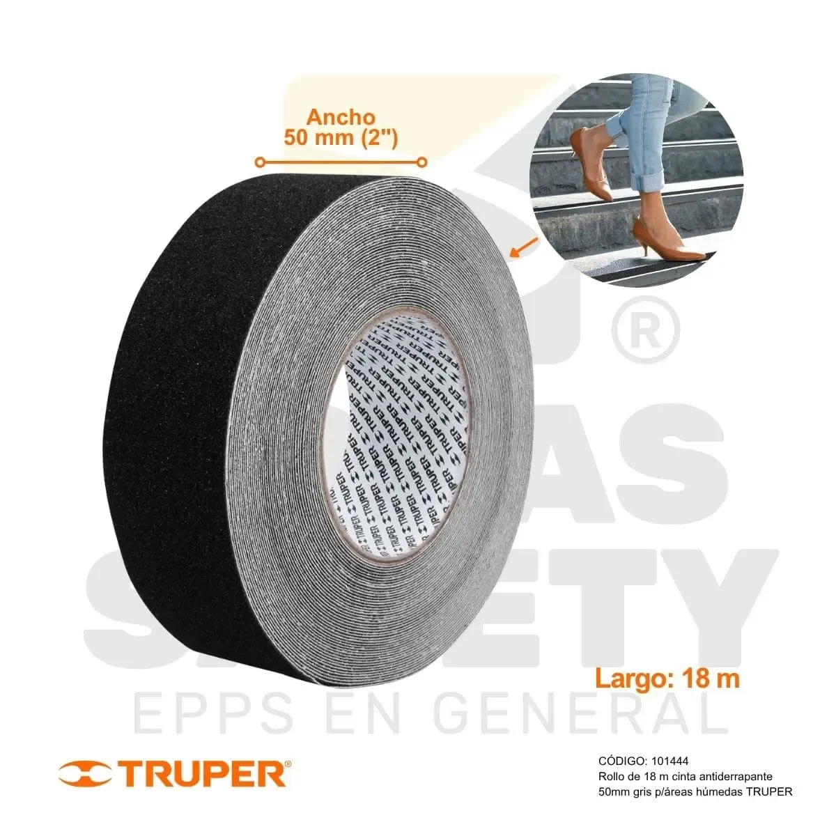 ROLLO DE 18 M DE CINTA ANTIDERRAPANTE NEGRA 50 MM CON ABRASIVO (101444) TRUPER.