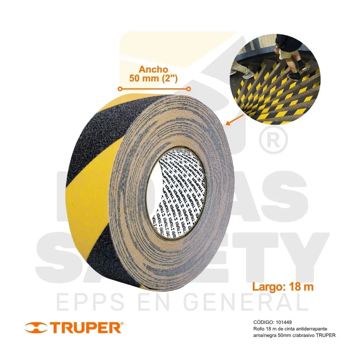 ROLLO DE 18 M DE CINTA ANTIDERRAPANTE AMARILLO/NEGRO 50 MM CON ABRASIVO (101449) TRUPER