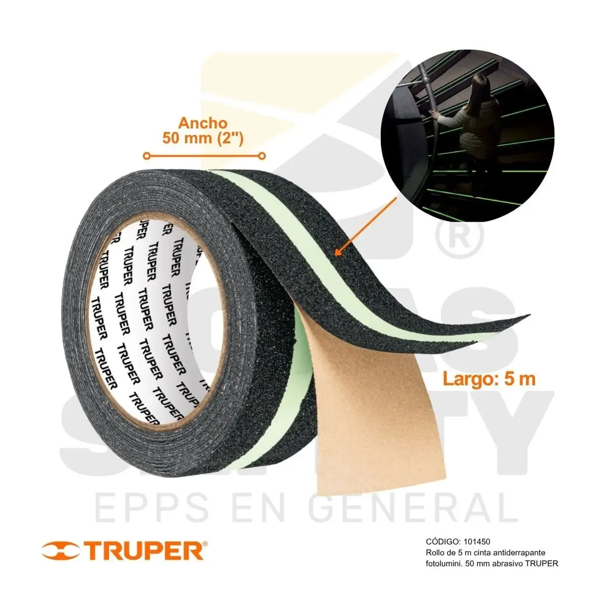 ROLLO DE 5 M CINTA ANTIDERRAPANTE FOTOLUMINISCENTE 50 MM ABRASIVO TRUPER