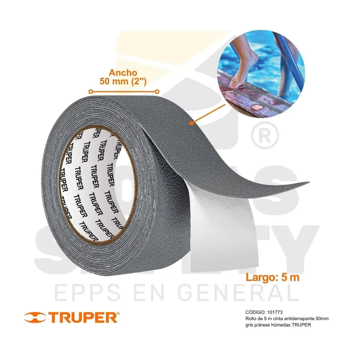 ROLLO DE 5 M DE CINTA ANTIDERRAPANTE 50 MM GRIS PARA ÁREAS HÚMEDAS (101773) TRUPER.